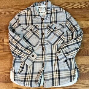 Ashley by 26 Int'l Sherpa Lined Plaid Utility‎ Shacket Jacket Size L Blue Beige